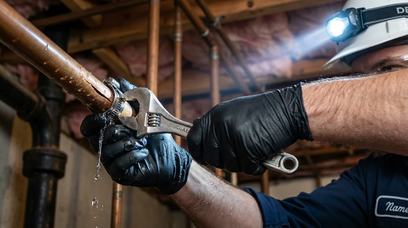 Emergency pipe clamp repair being performed by a Johns Plumbing LLC plumber in Palm City