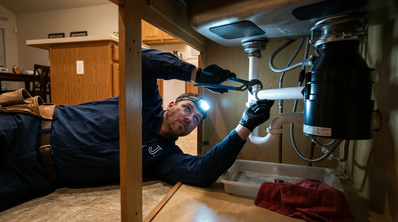 P-trap and supply line connections under a kitchen sink showing a common leak point in Palm City, FL